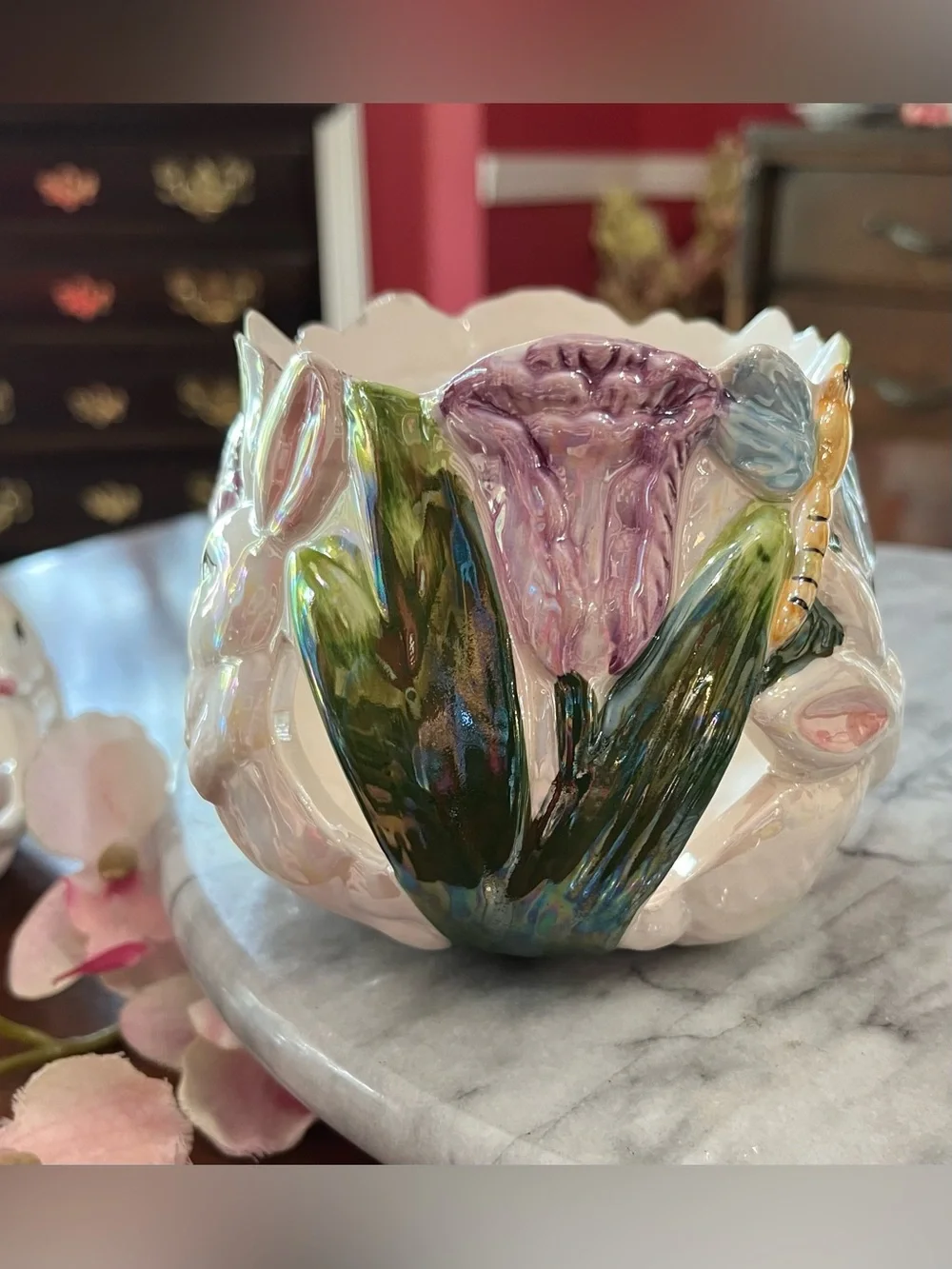 Vintage Easter Ceramic Bunny Candle Holder Set of 4, Flower Factory 4.5